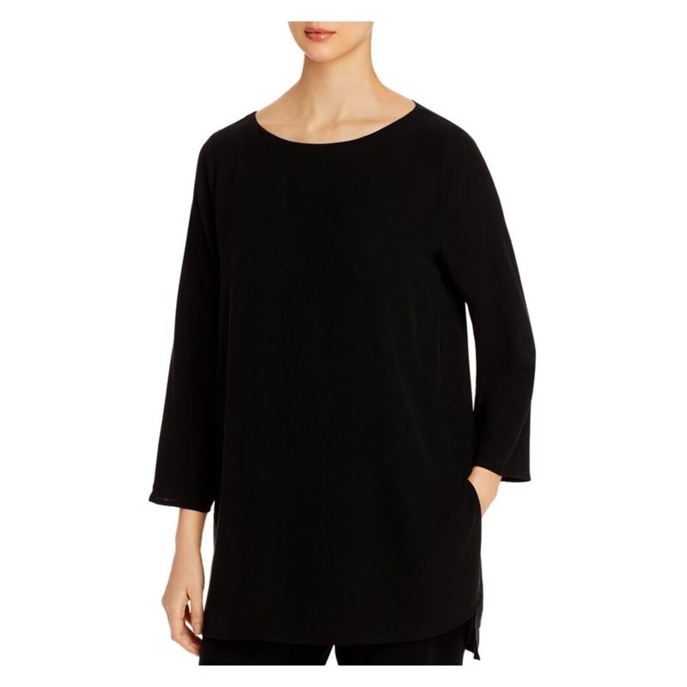 EILEEN FISHER Womens Black 3/4 Sleeve Jewel Neck Tunic Top XXS